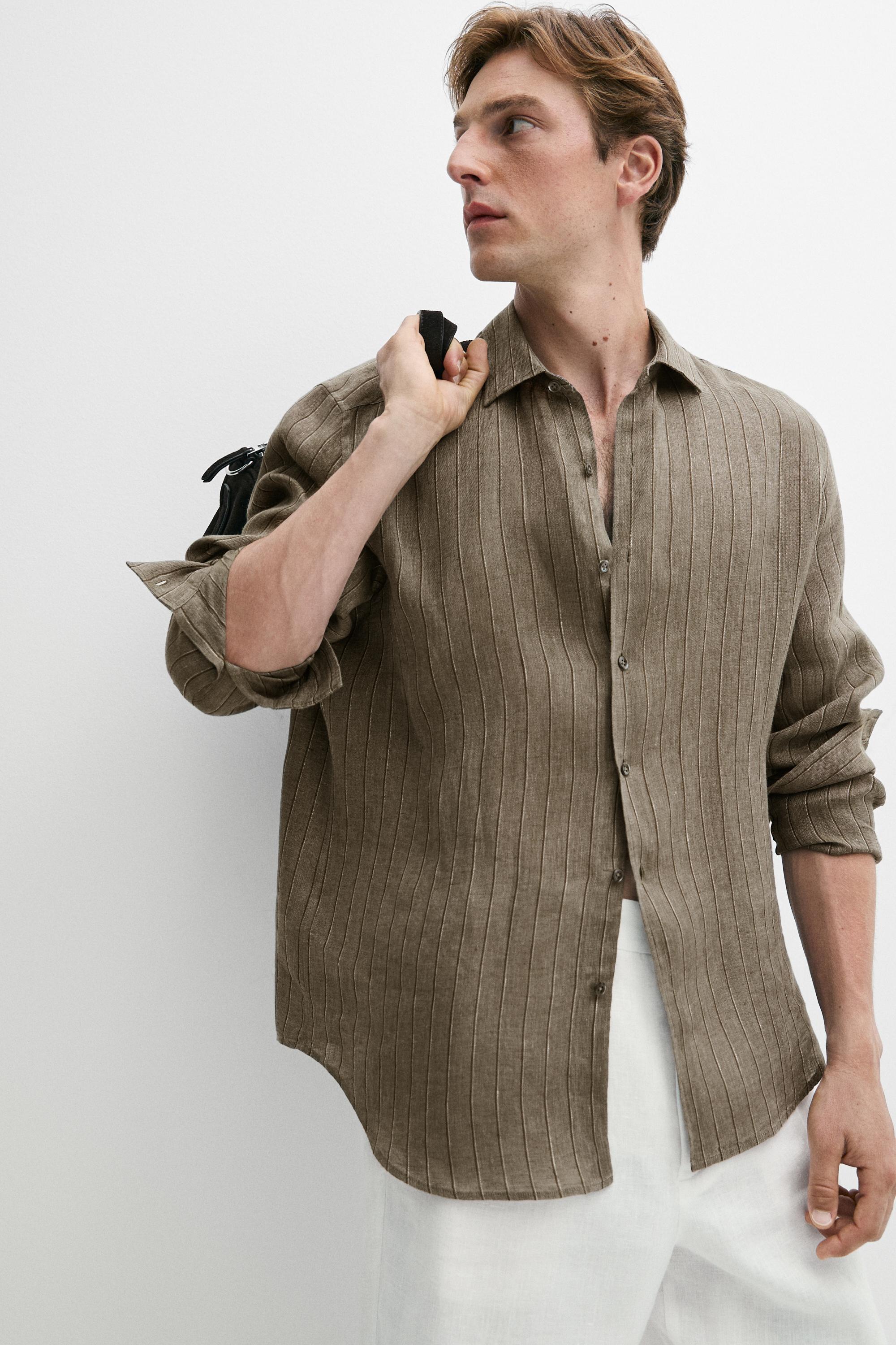 100% linen regular fit striped shirt
